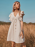 V-Neck Button A-Line Dress Solid High Street Ruffled Sleeveless Mini Dresses Casual High Waist Holiday Beach Dresses A1173