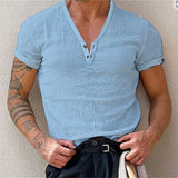 Momentlover Cotton Casual t Shirts Mens Clothing Solid Short Sleeve Polos Shirts Summer Fashion Man Streetwear Button V-neck Tee Tops