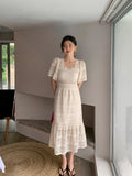 Lace Floral Printed Fashion Chic Satin Vintage Woman Bodycon Dress Square Collar Short Sleeve Hollow Out Vestido De Mujer