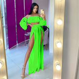 Women Mesh Sheer Bikini Cover-Ups Set See-Through Long Sleeve Crop Tops And Cover Up Skirts Two Piece Swimwear Beach Dresses