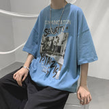 Momentlover Summer Men's Clothing Short Sleeve Loose Trend Fashion Printed Round Neck Casual Hong Kong Breeze Handsome Simplicity T-shirt