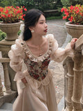 Vintage Elegant Print Floral Dress Women  Autumn O-neck Casual Evening Party Midi Dress Female Puff Sleeve Korea Fairy Dress