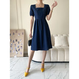 Summer Blue Denim Dresses Woman Elegant Casual Square Collar Plus Size Clothing Vintage Waist Slim Midi Dress Vestidos Mujer