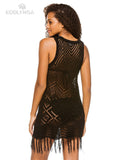 White Crochet Tunic Bikini Cover-Ups Sexy Hollow Out Sleeveless Fringed Mesh Dress Women Beach Wear Casual Mini Dress Q1398