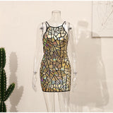 Back to School Sparkly Metallic Mini Dress Summer Women Sexy Embellished Sequins Bodycon Dresses Mirror Glitter Party Evening Halter Dress