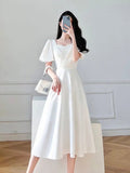 Geuxml  Summer Women French Elegant White Dresses Slim A Line Harajuku Casual Puff Short Sleeve Ruffled Party Midi Dress Female Vestidos