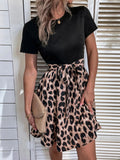 Back to School Women Leopard Patchwork A-line Dress  Summer O Neck Short Sleeve Mini Dresses Office Lady Casual Dresses Vestido Playa