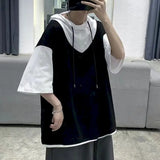 Momentlover  -  Fake Two T Shirts Men Sumemr Hip Hop Patchwork Short Sleeve T-shirt Men Fashion Clothing Brand Cotton Tee Shirts