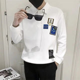 Momentlover  -  Stylish Solid Color Lapel Button Spliced Loose Letter T-Shirt Men's Clothing Autumn New Casual Pullovers Korean Tee Shirt