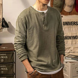 Momentlover   -  Spring And Autumn Large Size Henley Shirt Mens Long Sleeve T-Shirt American Retro Loose Sports Bottoming Shirt Loose Top