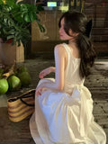 Geuxml   New Summer White Strap Long Dress Womens Fashion Slim Hollow Out Party Club Prom Vestidos Dresses Beach Bow Elegant A-line