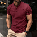 Momentlover Summer Vintage Henry T Shirts Men Leisure Solid Color Short Sleeve Button Slim Polo Tee For Mens Casual Slim Fit Tops Streetwear