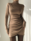 Fashion Elegant Bodycon Ruched Autumn Winter Dress Female Draped Basic Casual Dresses Turtleneck Outfits Long Sleeve