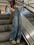 themeisles Retro Blue Distressed Korean Version High-waisted High-straight Design Loose Jeans