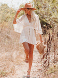 White Lace Tunic Sexy Deep V Neck Button Bikini Cover-Ups Women Clothes  Summer Sexy Ruffles Long Sleeves Mini Dress A1132