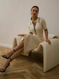 Back to School Knitted Midi Dress Contrast Color Summer Women Polo Collar Button Short Sleeve Bodycon Dress Lady Elegant Party Evening Dresses
