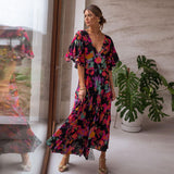 Floral Printed V-Neck Short Sleeve Self Belted Cotton Dress Tunic Women Summer Clothes Street Wear Maxi Dresses A1341