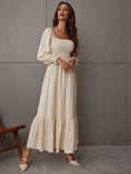 Back to School Vintage Square Neck Midi Dress Long Sleeve Ruffle A Line Robe High Waist Elasticity Commuter Office Lady Casual Long Dresses