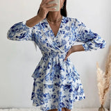 Back to School Women's Sexy V Neck Long Sleeve Mini Dress Boho Floral Print High Waist Elegant Women Clothing Ruffle Office Party Dresses Robe