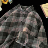Momentlover  -  Korean Street Plaid Shirt Coat Men's Long Sleeve Turn Down Collar Casual Shirts Vintage College Style Unisex Fashion Clothing