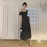 Black Feminine Floral V-Neck Robe For Summer Off Shoulder Chic And Elegant Woman Dress Puff Sleeve MAXI Dresses