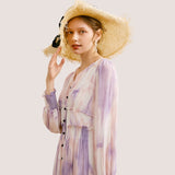 Purple Tie Dyed Spring Fall Dress Women Official Lady Maxi Dresses A-LINE Designer V-Neck Vintage Elegance Vestido De Mujer