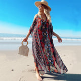 Printed V-Neck Off The Shoulder Dress Plus Size Kaftan Robe Moroccan Kaftan Tunic Summer Women Beachwear Q1352