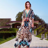 Solid Plus Size Long Kaftan Casual V-Neck Robe Summer Batwing Sleeve Woman Clothing Side Split Beachwear Maxi Dress Q1383