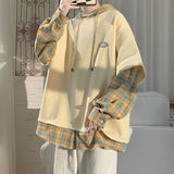 Momentlover  -  Fashion Plaid Spliced Lace Up Hooded T-Shirt Men's Clothing Autumn Winter Oversized Casual Tops Fake Two Pieces Tee Shirt