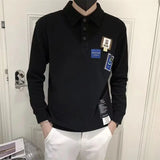 Momentlover  -  Stylish Solid Color Lapel Button Spliced Loose Letter T-Shirt Men's Clothing Autumn New Casual Pullovers Korean Tee Shirt