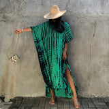 Printed V-Neck Batwing Sleeve Side Split Loose Dress For Women Clothes Plus Size Beachwear Maxi Dress Q1218