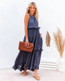Sexy Blue Ruffled Halter Neck Sleeveless Maxi Dress Casual Women Summer Clothes Streetwear Sundress Vestido De Mujer A1228