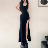 Geuxml  Summer Women Midi Dress Fashion Black Sexy Slit Sleeveless  Chic Club Y2k  Elegant High Casual  Sheath Dresses Vestido  New