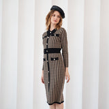 Vintage Black Gold Plaid Knitted Formal Dress Women Elegant Luxury Long Sleeve Winter Autumn Fall Ladies Dresses For Women