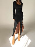 Fashion Knit Square Neck Black Elegant Dress Female Autumn Winter Slim Split Party Long Dresses Basic Casual Clothing