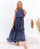 Sexy Blue Ruffled Halter Neck Sleeveless Maxi Dress Casual Women Summer Clothes Streetwear Sundress Vestido De Mujer A1228