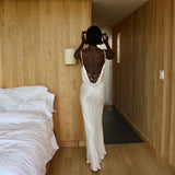 Sexy Spaghetti Strap Metal Zipper Back Open Satin Maxi Dress Long White Tunic Women Summer Clothes Elegant Party Dresses A1335
