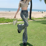 themeisles Versatile Japanese Pants, Spring And Autumn Trends, Dark Micro Flared Pants, Minimalist Literary Jeans, High Waisted Fashion