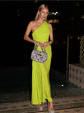 Back to School One Shoulder Green Pleated Maxi Dress Summer Women Sleeveless Cinched Waist Solid Color Elegant Party Evening Dresses