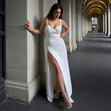 White Maxi Dresses For Women Summer Sleeveless Spaghetti Strap V-Neck Long Dress Woman Sexy Backless High Split Party Club Dress