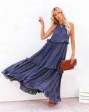 Sexy Blue Ruffled Halter Neck Sleeveless Maxi Dress Casual Women Summer Clothes Streetwear Sundress Vestido De Mujer A1228