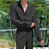 Momentlover  -  Streetwear Korean Pleated Texture Loose Long Sleeve Shirt Solid Casual Single Breasted Lapel Black Coffee Shirts New
