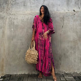 Printed V-Neck Batwing Sleeve Side Split Loose Dress For Women Clothes Plus Size Beachwear Maxi Dress Q1218
