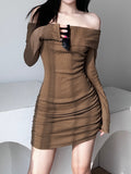 Fashion Brown Knitted Bodycon Off Shoulder Women's Dresses Folds Soid Basic Slash Neck Vintage Dress Autumn Slim
