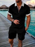 Momentlover Men's Polo Suit Fashion Men Sets Mens Solid Color Summer V-neck Zipper Short Sleeve POLO Shirt+Shorts Two Pieces Men Casual Suit