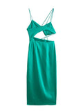Women Satin Dress  Summer Sleeveless Backless Cutout Chic Side Slit Skinny Long Dress Sexy Nightclub Club Clothing