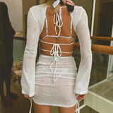 Summer Long-Sleeve Dress For Women Lace-Up Hollow Sunscreen Holiday Designer Sheer Club Travel Beach White Dresses