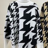 Designer Oversized Turtleneck Sweater Dress Knitwear Houndstooth Winter Pullover Knitted Tops Jumper Wool Sweater For Women