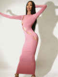 Long Sleeve O Neck Party Long Dress Female Autumn Sexy Hollow Out Bodycon Pink Club Party Maxi Dresses For Women