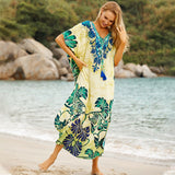 New Bohemian Printed V-Neck Half Sleeve Summer Beach Dress Green Cotton Tunic Women Beachwear Midi Dress Robe De Plage Q845